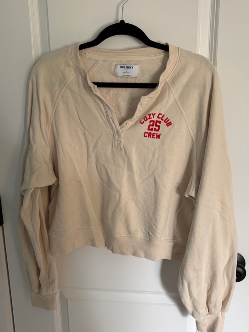 Old Navy Cream Cozy Club 25 Crew Crop Sweatshirt with Red Logo